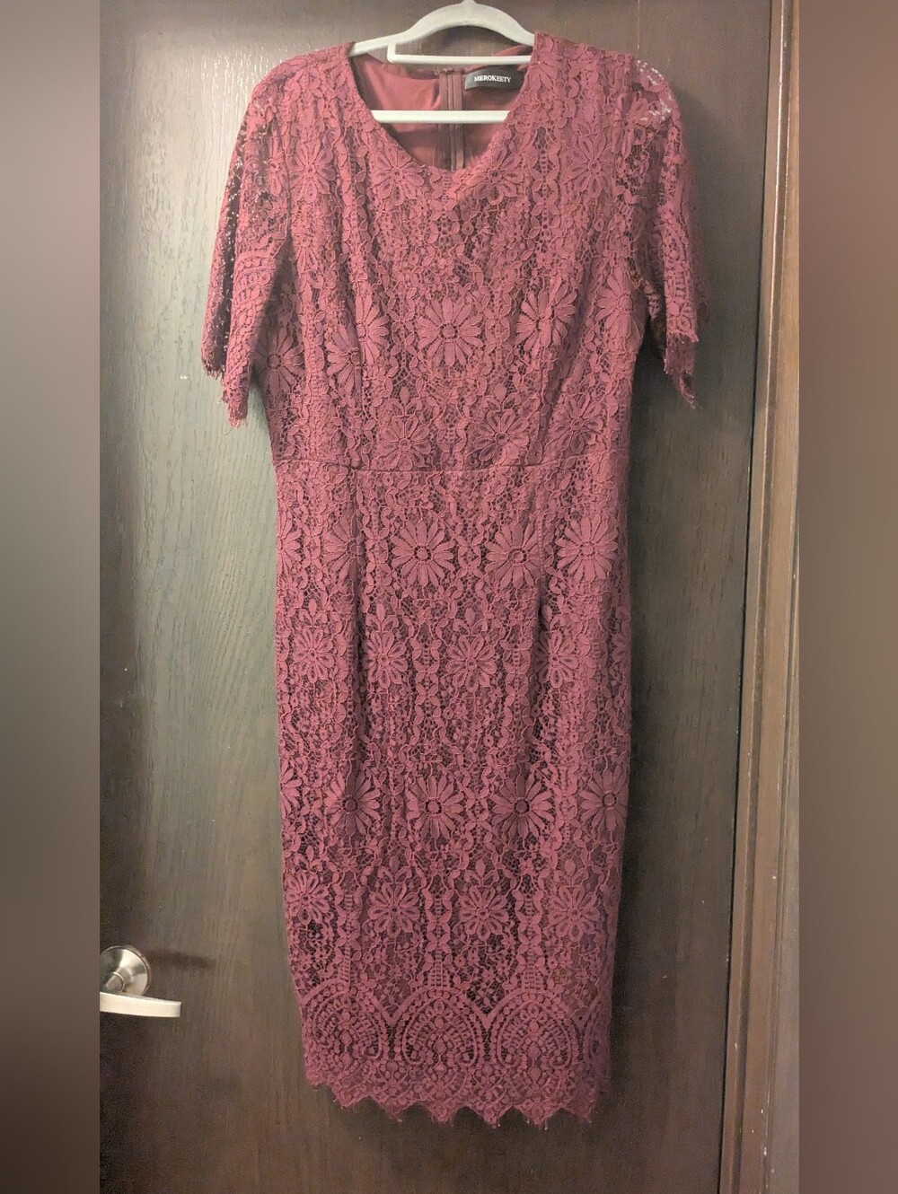 Merokeety Short Sleeve Floral Lace Cocktail Dress Red Wine Size L